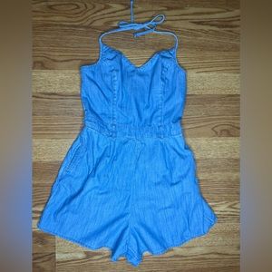 Hollister chambray halter top romper with smocked back & pockets